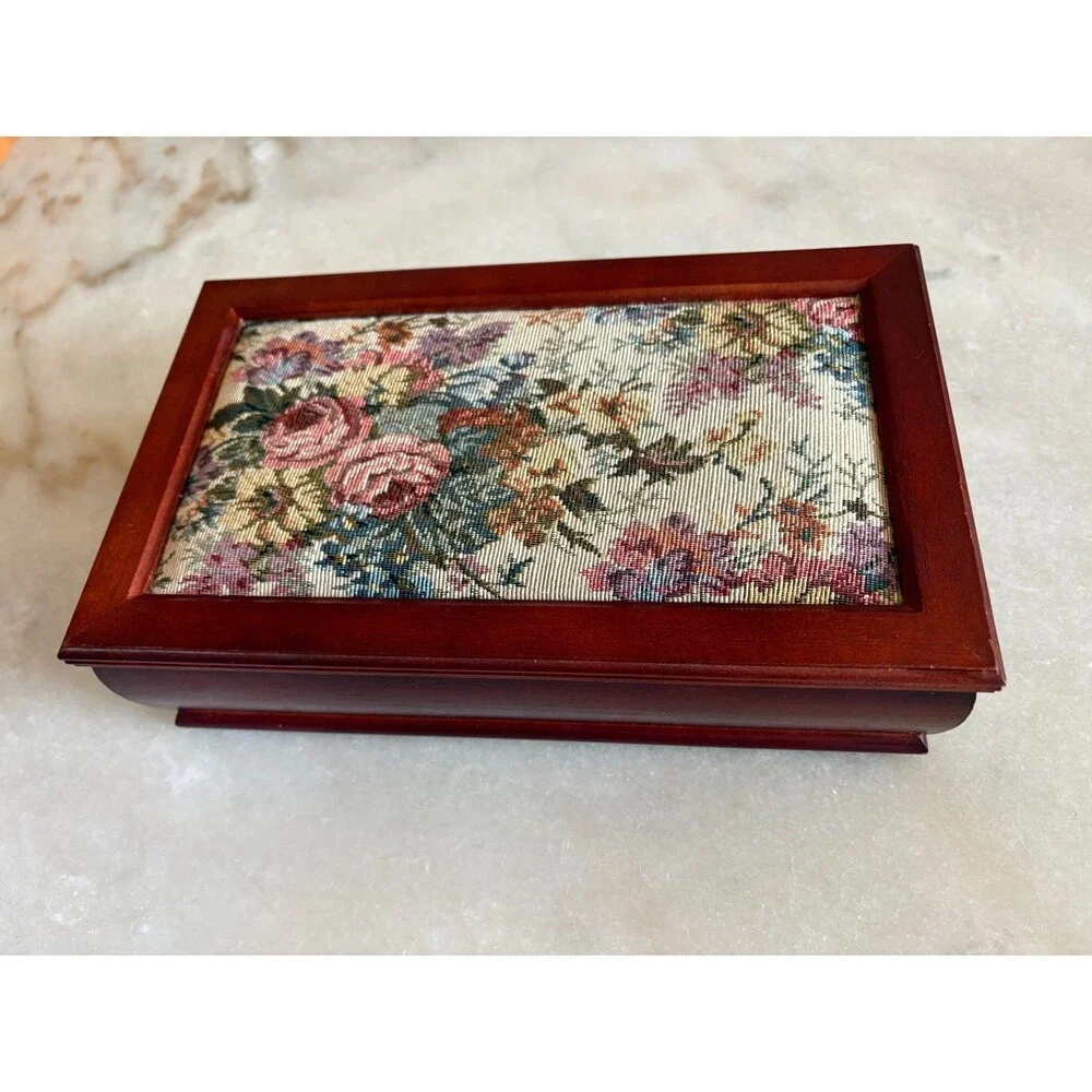 Vintage Wood Jewelry Box Tapestry Top Full Mirror Wooden Box Velvet interior